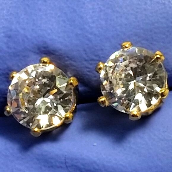 Swarovski Stones - 2 CTW Clear CRYSTAL Stud Earrings - 14KT Gold Overlay - Picture 6 of 9
